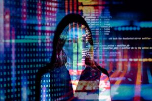Code projected over a woman in the background - Darren Yaw Cambodia